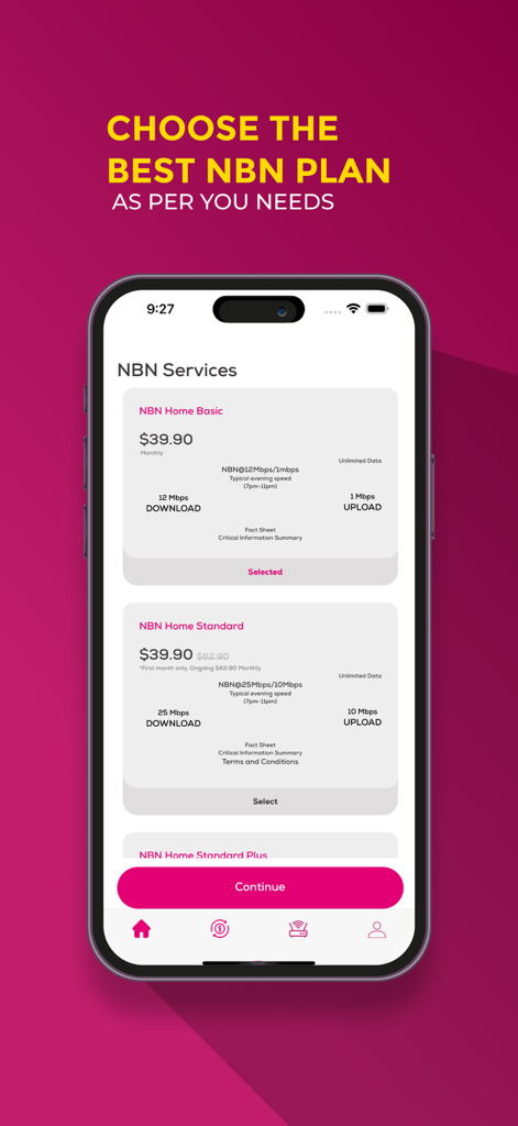 My Telsim - My Telsim app screen showing NBN home internet service plans with speed and price details