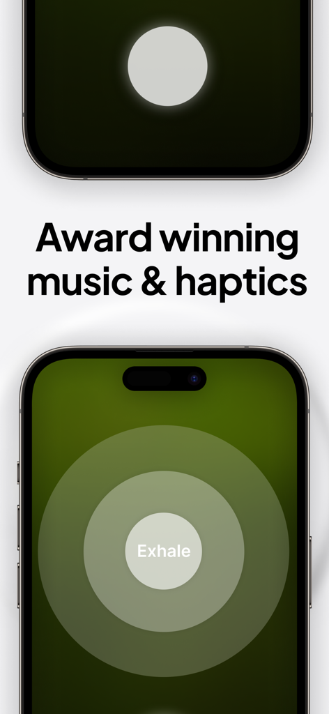 A smartphone showing a breathing exercise interface with the caption Award winning music and haptics