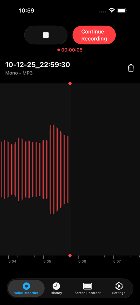 Voice recorder app screen showing a red audio waveform and recording controls