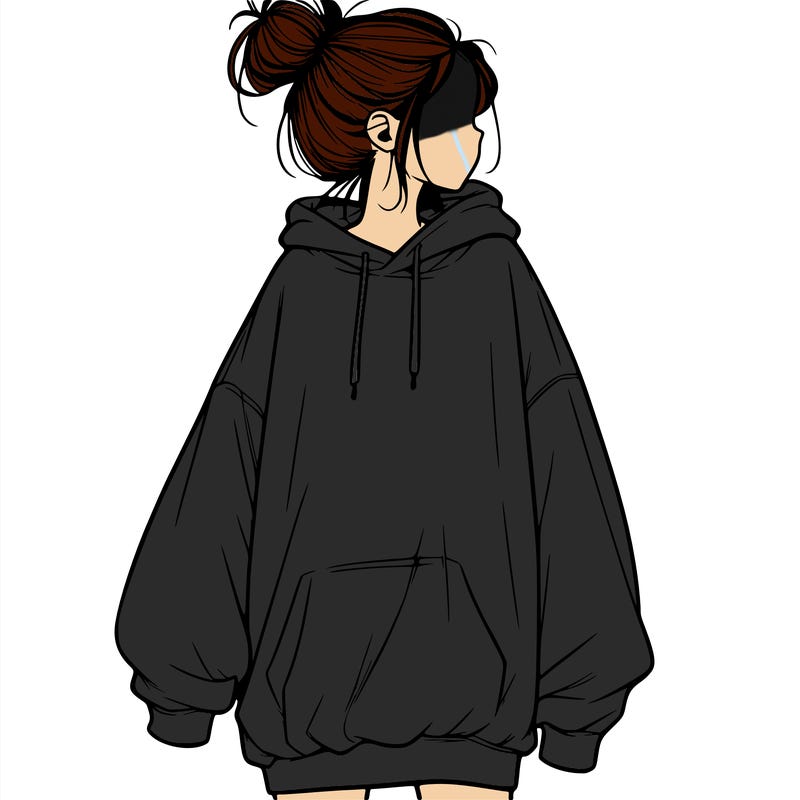 realistic girl with a oversized sweatshirt on and a bun