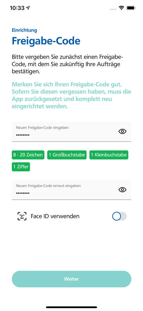 BBBank SecureGo+ - Bildschirm der BBBank SecureGo plus App zur Einrichtung eines sicheren Freigabecodes und Aktivierung der Face ID biometrischen Authentifizierung
