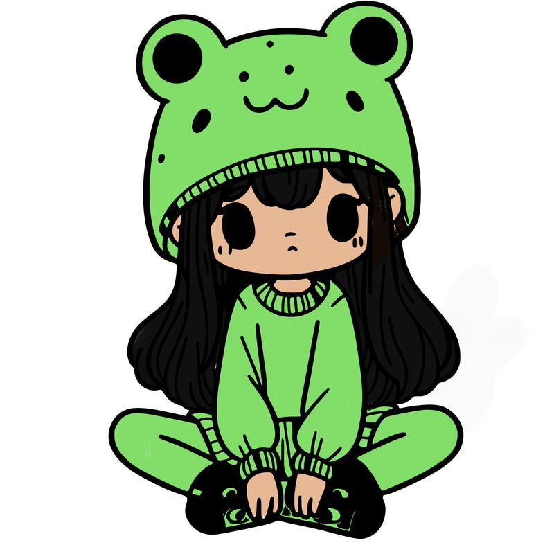 a girl wearing a frog hat and some frog socks