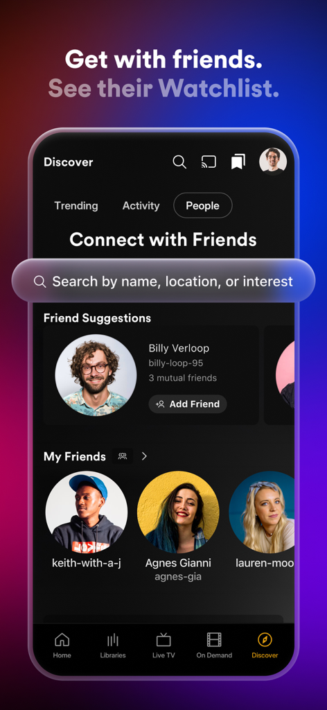 Plex app Discover screen showing friend suggestions and a list of friends to connect with and share watchlists.