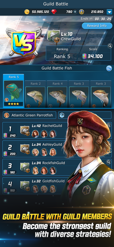 Screenshot of the Guild Battle interface in Ace Fishing Crew showing rankings and fish collection