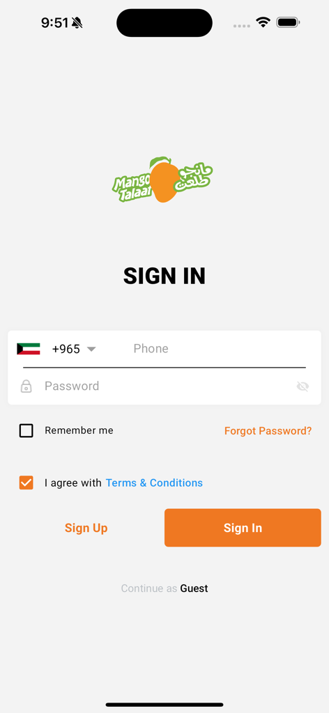 Login screen of Mango Talaat app with phone number input and sign in button