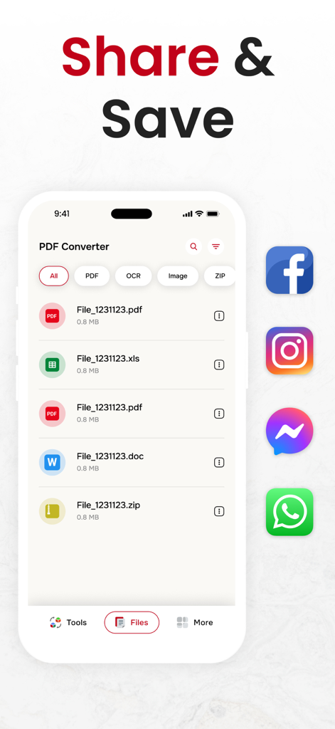 Mobile screen showing a list of converted documents like PDF and Excel with social media sharing options