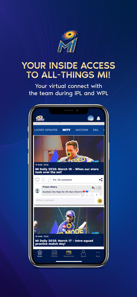 Mumbai Indians Official App - Interfaz de la App Oficial de los Mumbai Indians mostrando contenido de video de MITV e interacciones de la comunidad de fans.