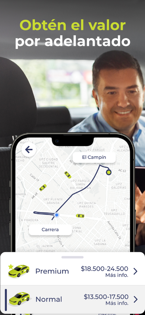 Tela de smartphone exibindo opções de corrida do Taxis Libres e estimativas de preços antecipados em um mapa da cidade.