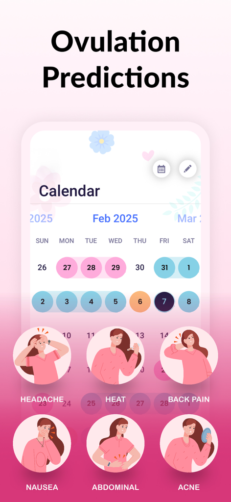 Period Tracker app interface showing ovulation predictions calendar and menstrual symptom logging icons