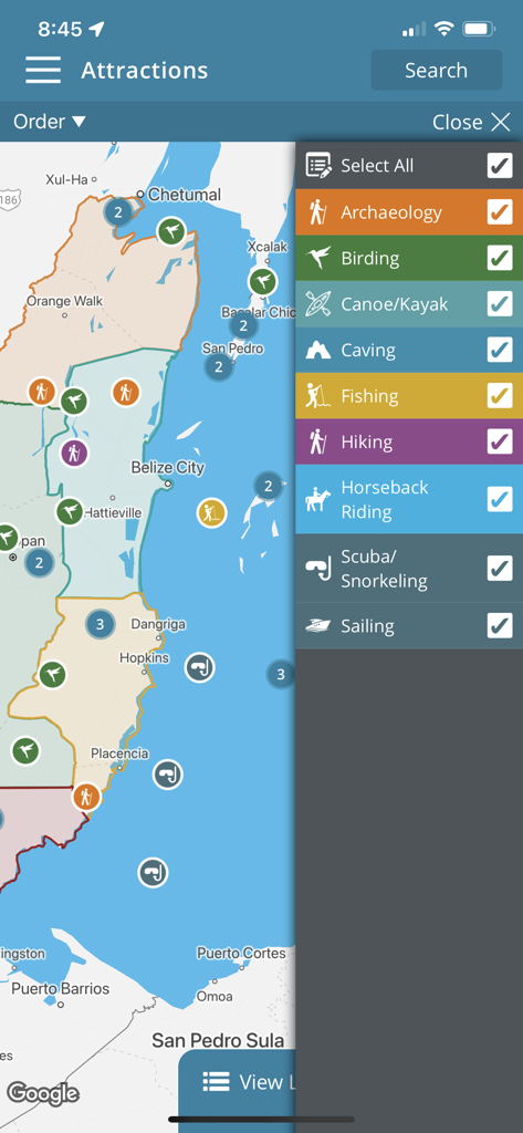 Travel Belize - 다이빙 및 하이킹과 같은 다양한 야외 활동 필터를 보여주는 벨리즈 여행 앱의 벨리즈 대화형 지도