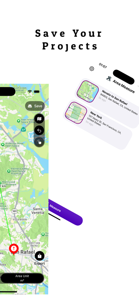 Interface of the Area Measure app showing a list of saved GPS field measurement projects