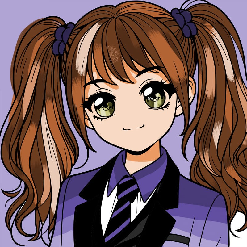 realistic girl with two ponytails and a suit on