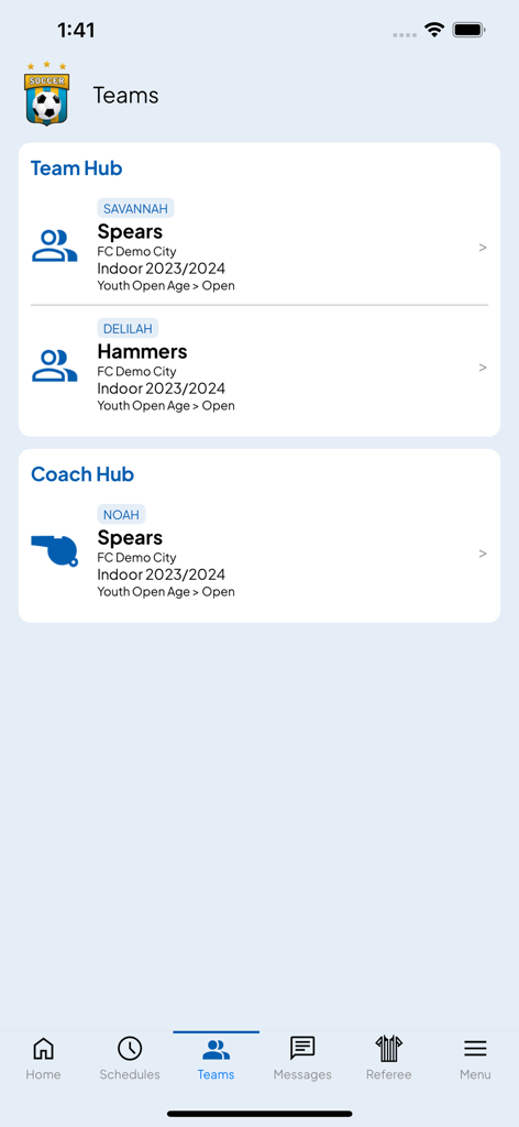 PowerUp Connect - PowerUp Connect app interface showing the Teams section with Team Hub and Coach Hub for family sports management