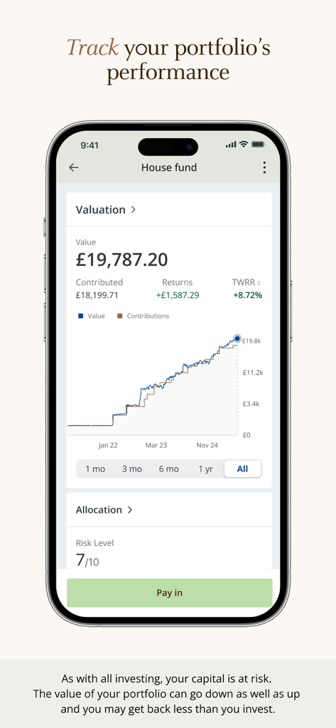 J.P. Morgan investing app screen displaying portfolio valuation and returns graph.