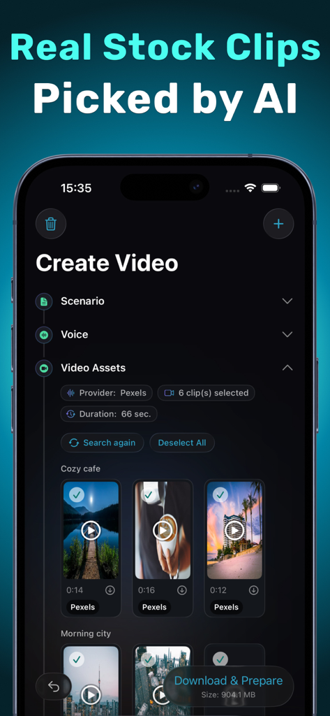 OneClip app interface showing stock video clips automatically selected by AI