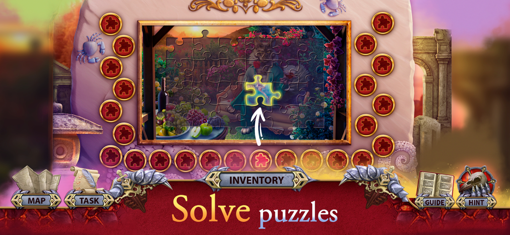 Knight Cats 2: Hidden Objects - A screenshot from Knight Cats 2 showing a jigsaw puzzle mini-game featuring an anthropomorphic cat character in a cozy garden setting.