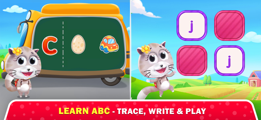 Playbees - Kids Learning Games - Vista de pantalla dividida de una aplicación educativa para niños que muestra el trazo de letras en una pizarra de autobús escolar y un juego de emparejar letras con un personaje de gato de dibujos animados.