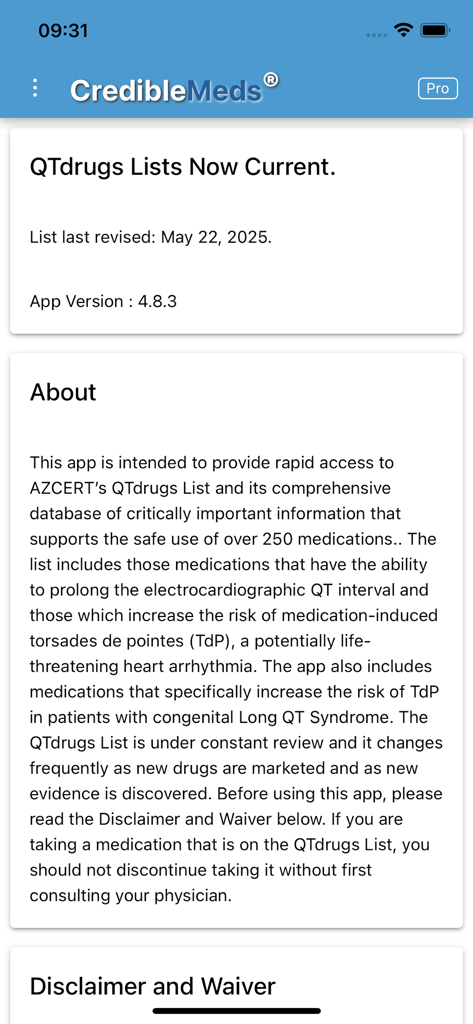 About page of the CredibleMeds app showing the current QTdrugs lists status and medical safety information.