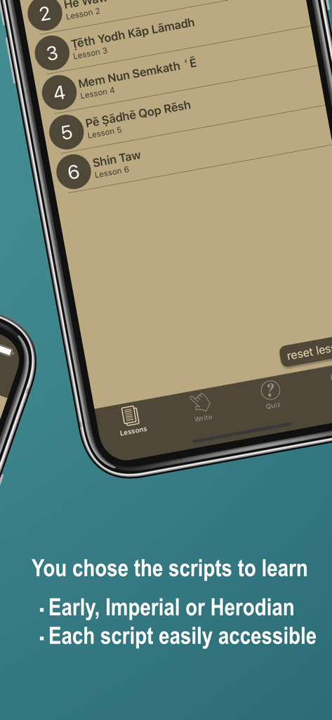 Aramaic Alap Beth Now - A menu of lessons in the Aramaic Alap Beth Now app showing various ancient scripts like Early Imperial and Herodian