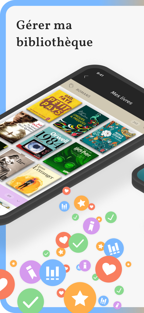 Gleeph mobile app interface showing a virtual book library with titles like Harry Potter and 1984