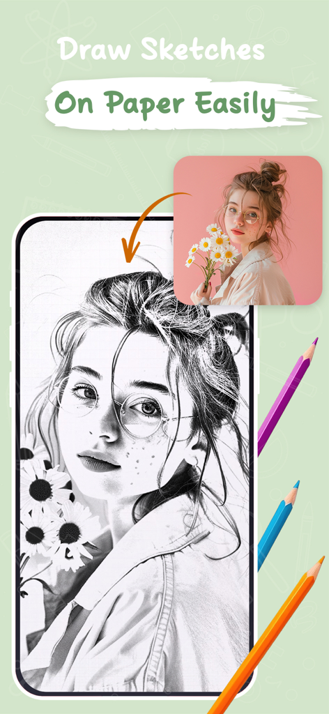 AR Draw Sketch & Trace © - Mobile app interface showing a photo being converted into a sketch for drawing on paper