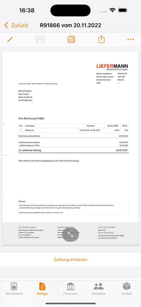 Eine professionelle Geschäftsrechnung, angezeigt in der Lexware Mobile App-Oberfläche