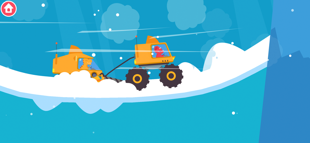 Des dinosaures conduisant des véhicules d'exploration jaunes à travers une chaîne de montagnes arctiques enneigées.