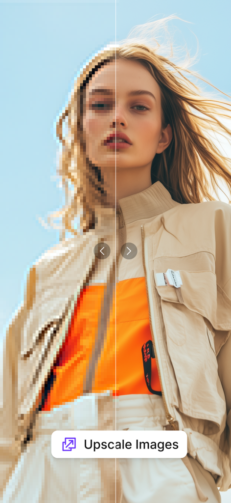 Upscale: AI Photo Enhancer - Comparación en pantalla dividida que muestra una foto de baja resolución pixelada y una imagen mejorada de alta resolución nítida