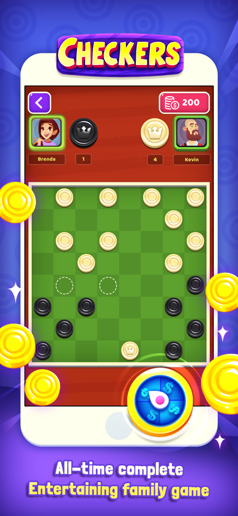 A mobile screen showing a checkers match in progress on a green board with player avatars and floating reward coins
