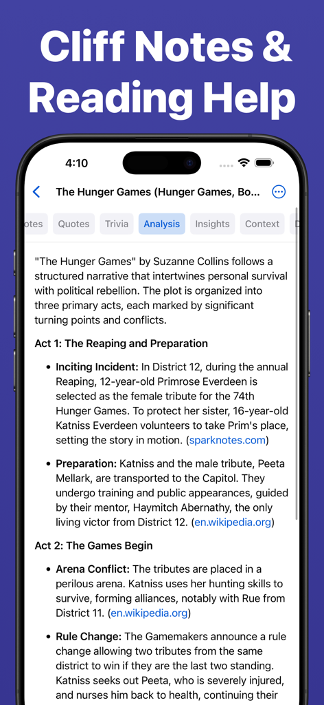 AI Book Summaries - BookPal - BookPal app interface showing a detailed book analysis and plot summary of The Hunger Games.