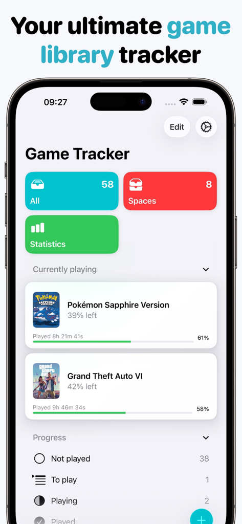 Game Tracker: Play & log - Dashboard der Game Tracker App, das den aktuellen Spielfortschritt und Bibliotheksstatistiken anzeigt