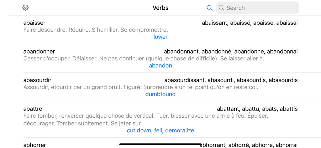 Conjugaison Française - Lista de verbos franceses con definiciones y traducciones al inglés en los resultados de búsqueda de la aplicación Conjugaison Francaise.