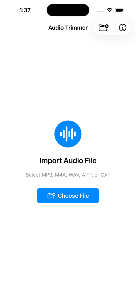 Audio Trimmer Plus - Audio Trimmer Plus app interface showing the import audio file screen on iPhone
