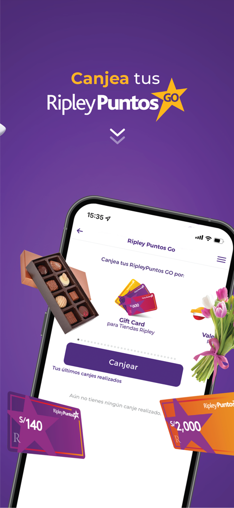 Smartphone showing the Banco Ripley Peru app interface for redeeming RipleyPuntos Go loyalty points for gift cards and gifts