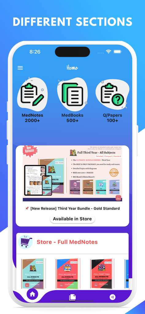MedNotes -For Medical Students - MedNotes app dashboard showing different sections for medical notes ebooks and question papers