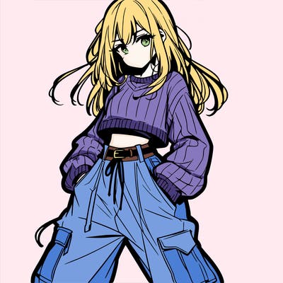 anime teen girl with baggy pants and crop top with sweater