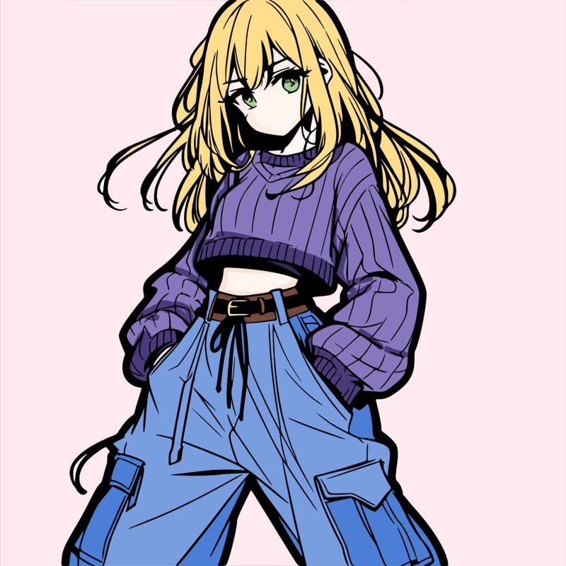 anime teen girl with baggy pants and crop top with sweater