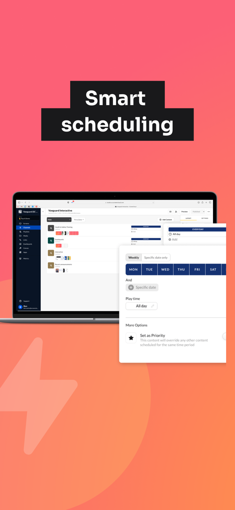 ScreenCloud Player - ScreenCloud digital signage dashboard showing content scheduling options and calendar settings