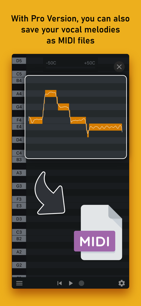 Nail the Pitch - Vocal Monitor - Mobile app interface of Nail the Pitch showing the pro feature to save vocal melodies as MIDI files