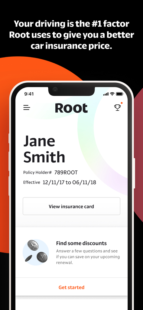 Root car insurance mobile app interface displaying policy holder information and digital insurance card access