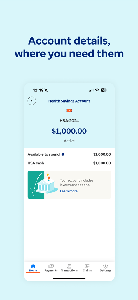 Optum Financial - Optum Financialモバイルアプリのインターフェース。Health Savings Accountの残高と支出の詳細が表示されます。