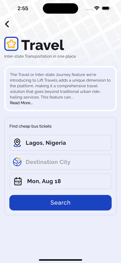 Lift: Book any ride - Interface of the Lift app Travel Hub showing search fields to book inter-state bus tickets