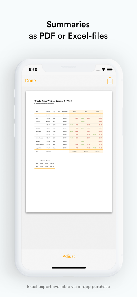 A PDF summary of group expenses and debts in the Splid app