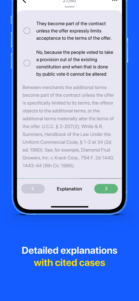Bar Exam & MBE: Bar Prep - Interface of the Bar Prep Hero app showing a practice question with a detailed legal explanation and cited cases