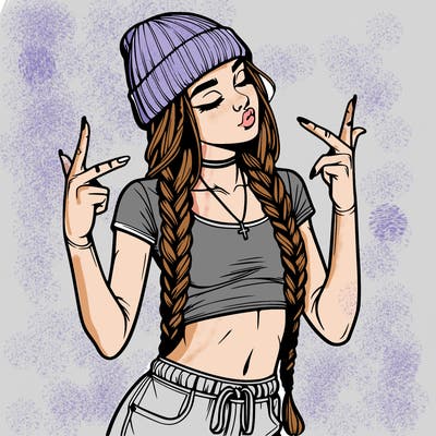 realistic teenage girl with braids and a beanie and crop top doing 🫶🏼