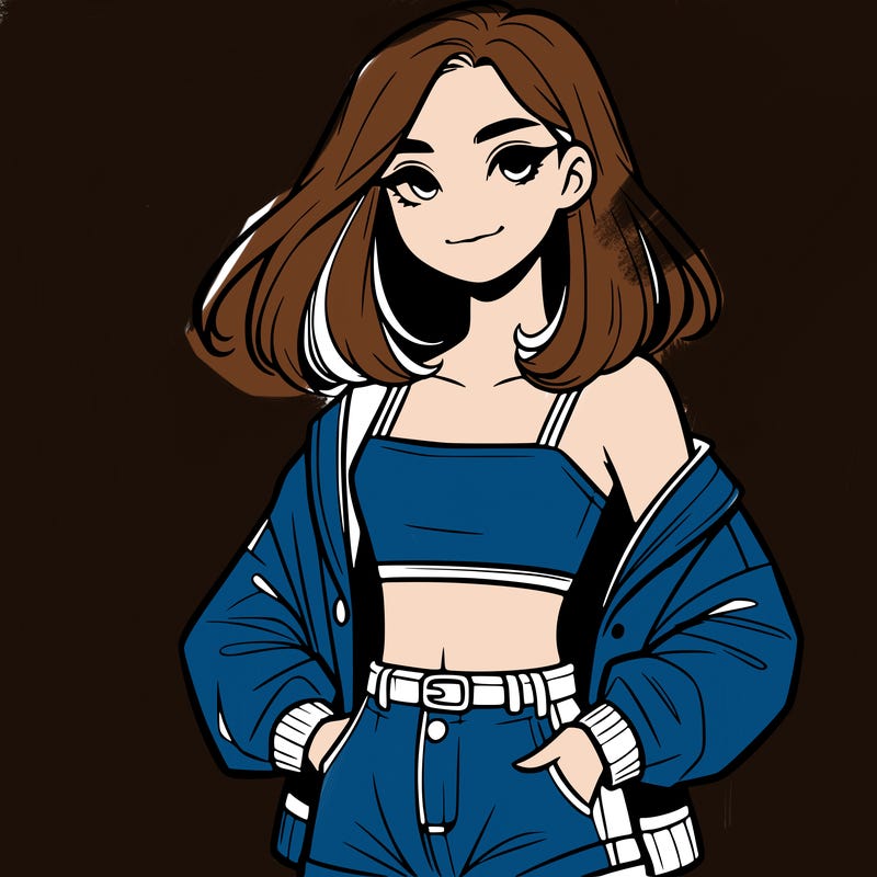 a realistic girl with a crop top and short shorts in an open jacket