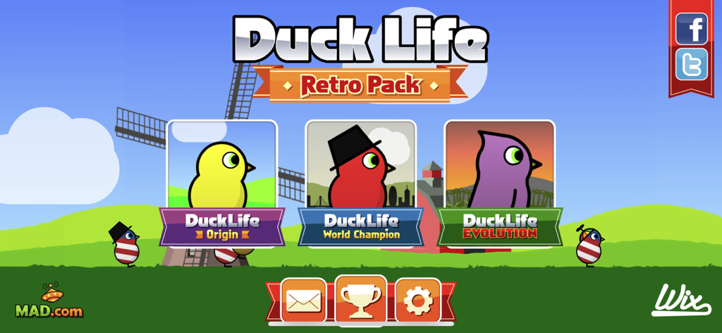 Main selection screen of Duck Life Retro Pack featuring the Origin World Champion and Evolution game modes