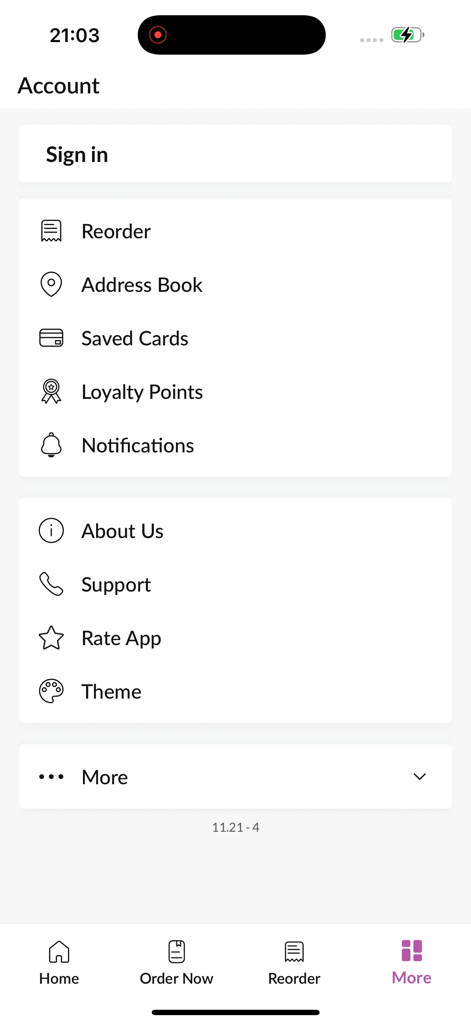 Thaigga app account interface showing settings for reordering address book and saved cards