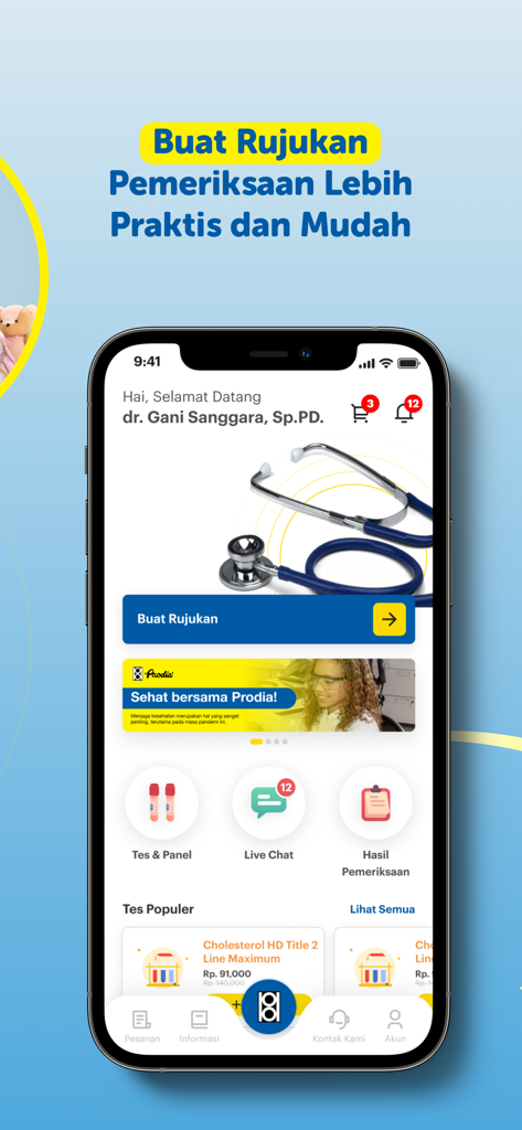 Prodia for Doctor - Interface of the Prodia for Doctor app showing features for medical referrals and lab results