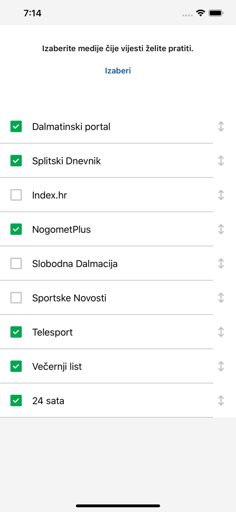 Naš Hajduk - Nas Hajdukモバイルアプリ内でのニュースソース選択インターフェース